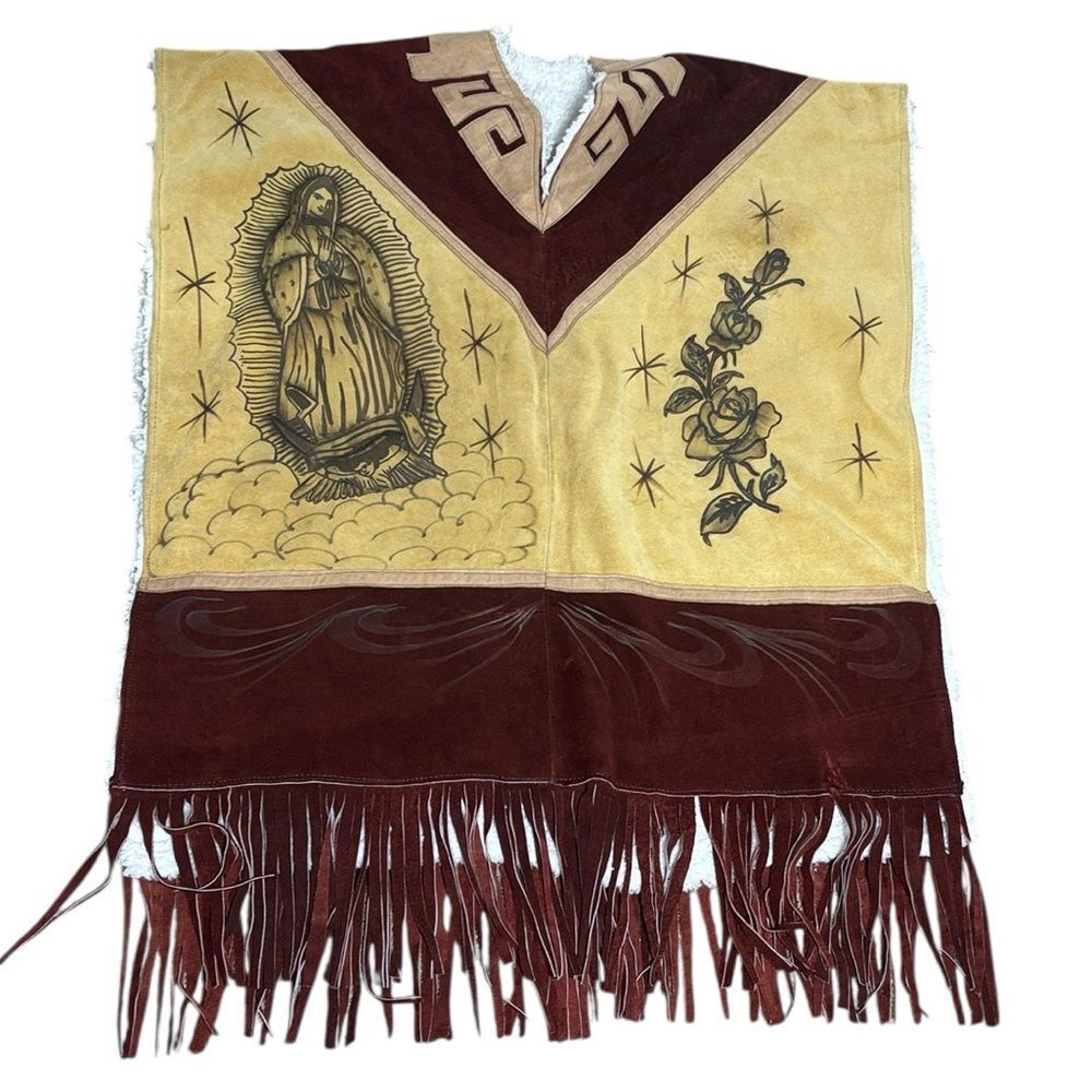 Authentic mexican leather handmade poncho fringed soft inside unisex